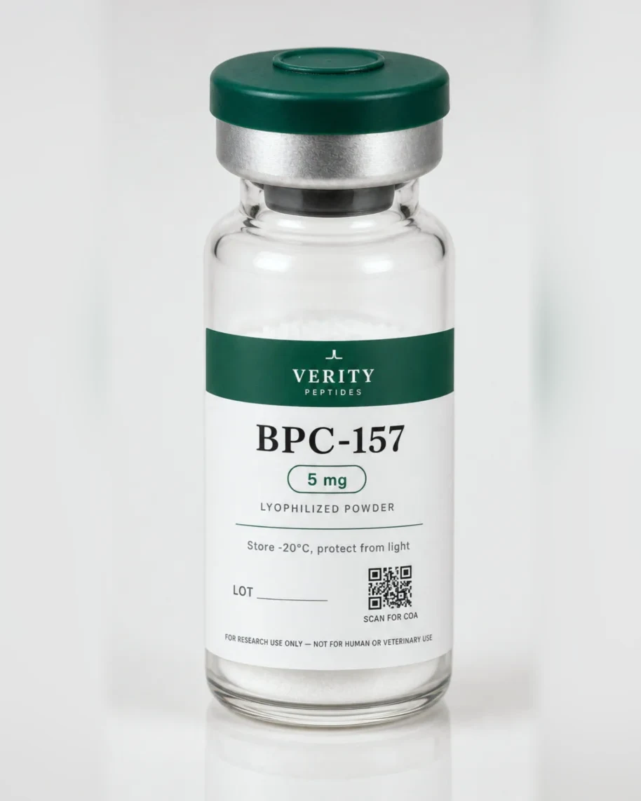 BPC-157 research vial — lyophilized powder, research use only