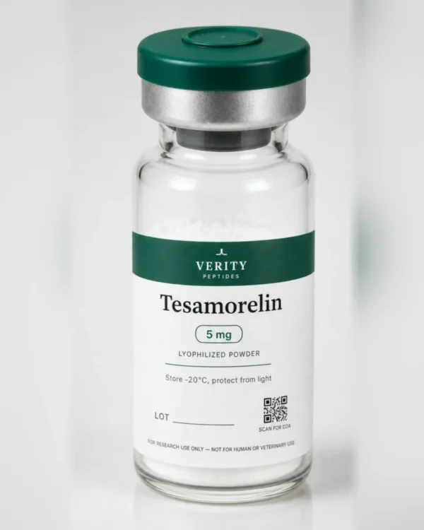 Tesamorelin research vial — lyophilized powder, research use only